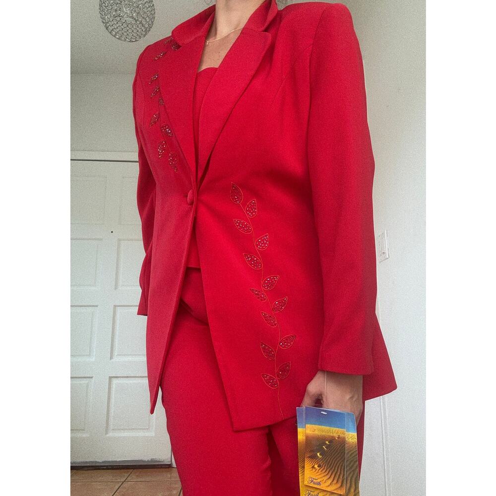 Faith Vintage Red Pant Suit Set Womens Size 14 Beaded Blazer Pants NWT - Picture 3 of 13